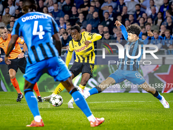 Borussia Dortmund defender Jamie Bynoe-Gittens and Club Brugge defender Kyriani Talbi during the match between Club Brugge and Borussia Dort...