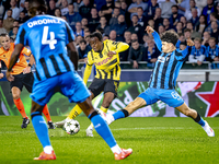 Borussia Dortmund defender Jamie Bynoe-Gittens and Club Brugge defender Kyriani Talbi during the match between Club Brugge and Borussia Dort...