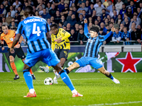 Borussia Dortmund defender Jamie Bynoe-Gittens and Club Brugge defender Kyriani Talbi during the match between Club Brugge and Borussia Dort...