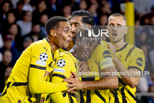 Borussia Dortmund defender Jamie Bynoe-Gittens scores the 0-2 and celebrates the goal during the match Club Brugge - Borussia Dortmund at th...