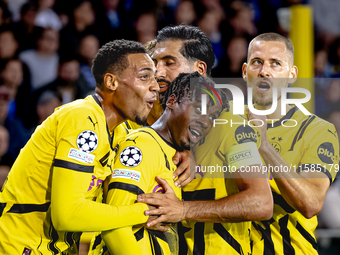 Borussia Dortmund defender Jamie Bynoe-Gittens scores the 0-2 and celebrates the goal during the match Club Brugge - Borussia Dortmund at th...