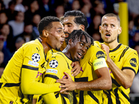 Borussia Dortmund defender Jamie Bynoe-Gittens scores the 0-2 and celebrates the goal during the match Club Brugge - Borussia Dortmund at th...