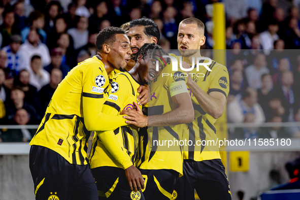 Borussia Dortmund defender Jamie Bynoe-Gittens scores the 0-2 and celebrates the goal during the match Club Brugge - Borussia Dortmund at th...