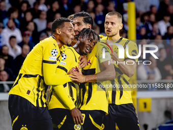 Borussia Dortmund defender Jamie Bynoe-Gittens scores the 0-2 and celebrates the goal during the match Club Brugge - Borussia Dortmund at th...