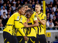 Borussia Dortmund defender Jamie Bynoe-Gittens scores the 0-2 and celebrates the goal during the match Club Brugge - Borussia Dortmund at th...