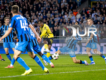 Borussia Dortmund defender Jamie Bynoe-Gittens scores the 0-2 during the match between Club Brugge and Borussia Dortmund at the Jan Breydels...