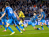 Borussia Dortmund defender Jamie Bynoe-Gittens scores the 0-2 during the match between Club Brugge and Borussia Dortmund at the Jan Breydels...