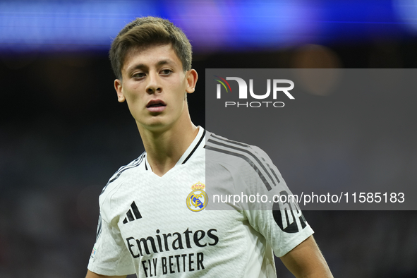 Arda Guler attacking midfield of Real Madrid and Turkey during the UEFA Champions League 2024/25 League Phase MD1 match between Real Madrid...