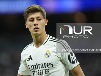 Arda Guler attacking midfield of Real Madrid and Turkey during the UEFA Champions League 2024/25 League Phase MD1 match between Real Madrid...