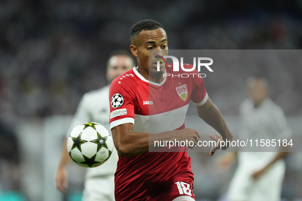 Jamie Leweling right winger of Stuttgart and Germany during the UEFA Champions League 2024/25 League Phase MD1 match between Real Madrid C.F...