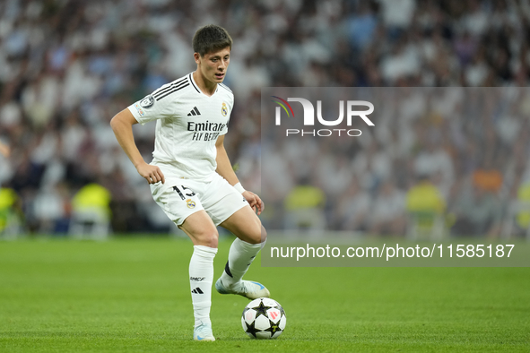 Arda Guler attacking midfield of Real Madrid and Turkey during the UEFA Champions League 2024/25 League Phase MD1 match between Real Madrid...