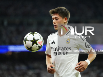 Arda Guler attacking midfield of Real Madrid and Turkey during the UEFA Champions League 2024/25 League Phase MD1 match between Real Madrid...