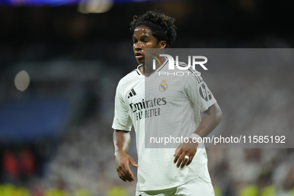 Endrick centre-forward of Real Madrid and Brazil in action during the UEFA Champions League 2024/25 League Phase MD1 match between Real Madr...