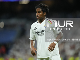 Endrick centre-forward of Real Madrid and Brazil in action during the UEFA Champions League 2024/25 League Phase MD1 match between Real Madr...