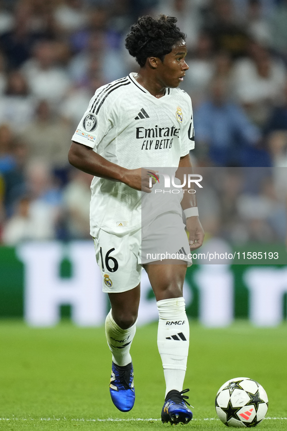 Endrick centre-forward of Real Madrid and Brazil in action during the UEFA Champions League 2024/25 League Phase MD1 match between Real Madr...