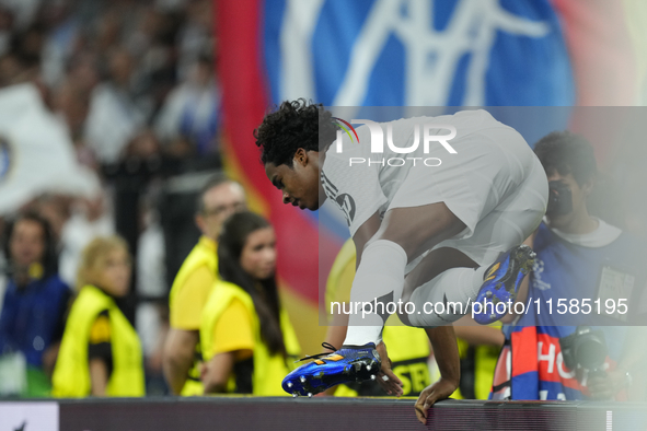 Endrick centre-forward of Real Madrid and Brazil celebrates after scoring his sides first goal during the UEFA Champions League 2024/25 Leag...