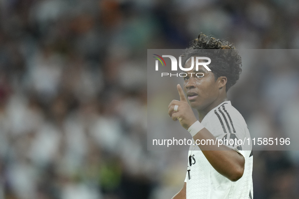 Endrick centre-forward of Real Madrid and Brazil celebrates after scoring his sides first goal during the UEFA Champions League 2024/25 Leag...