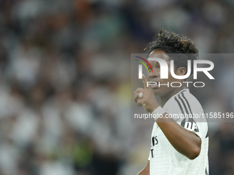 Endrick centre-forward of Real Madrid and Brazil celebrates after scoring his sides first goal during the UEFA Champions League 2024/25 Leag...