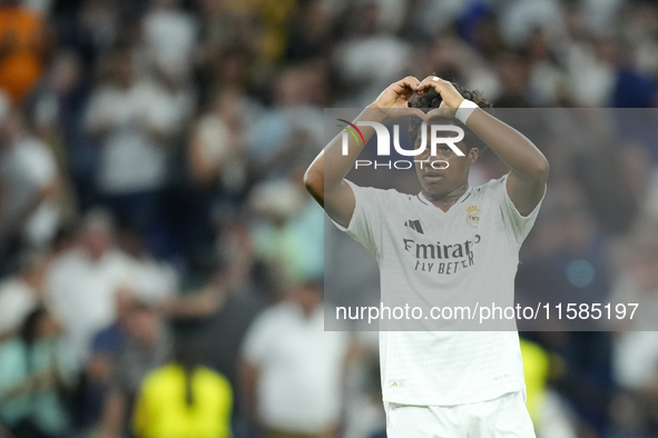 Endrick centre-forward of Real Madrid and Brazil celebrates after scoring his sides first goal during the UEFA Champions League 2024/25 Leag...