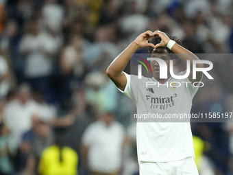 Endrick centre-forward of Real Madrid and Brazil celebrates after scoring his sides first goal during the UEFA Champions League 2024/25 Leag...