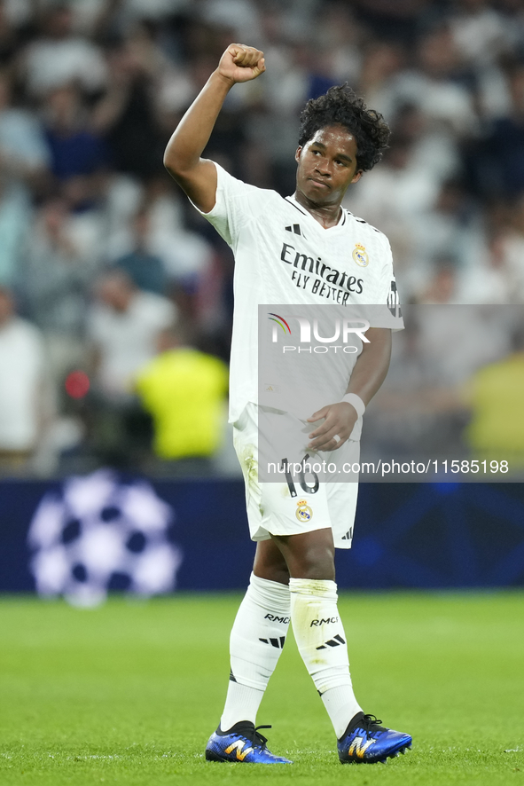 Endrick centre-forward of Real Madrid and Brazil celebrates victory after the UEFA Champions League 2024/25 League Phase MD1 match between R...