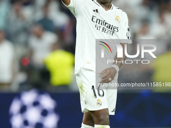 Endrick centre-forward of Real Madrid and Brazil celebrates victory after the UEFA Champions League 2024/25 League Phase MD1 match between R...