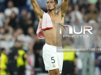 Jude Bellingham central midfield of Real Madrid and England celebrates victory after the UEFA Champions League 2024/25 League Phase MD1 matc...