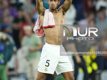 Jude Bellingham central midfield of Real Madrid and England celebrates victory after the UEFA Champions League 2024/25 League Phase MD1 matc...