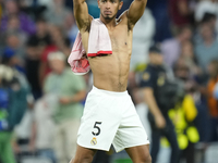 Jude Bellingham central midfield of Real Madrid and England celebrates victory after the UEFA Champions League 2024/25 League Phase MD1 matc...