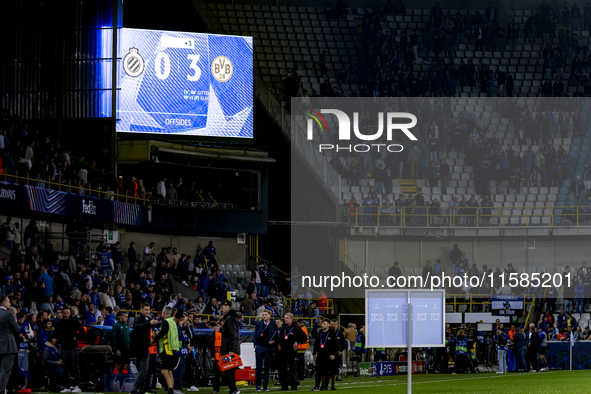 The scoreboard shows 0-3 during the match between Club Brugge and Borussia Dortmund at the Jan Breydelstadion for the Champions League, Leag...