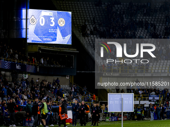 The scoreboard shows 0-3 during the match between Club Brugge and Borussia Dortmund at the Jan Breydelstadion for the Champions League, Leag...