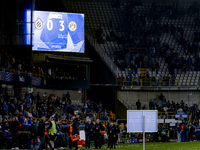 The scoreboard shows 0-3 during the match between Club Brugge and Borussia Dortmund at the Jan Breydelstadion for the Champions League, Leag...