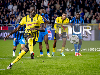 Borussia Dortmund forward Sehrou Guirassy scores the 0-3 during the match Club Brugge vs. Borussia Dortmund at the Jan Breydelstadion for th...