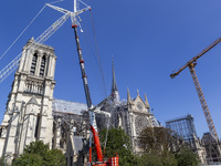 An exterior view of Notre Dame and construction cranes while the reconstruction process takes place in Paris, France, on September 15, 2024....