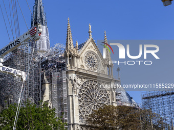 An exterior view of Notre Dame and construction cranes while the reconstruction process takes place in Paris, France, on September 15, 2024....