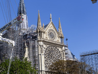 An exterior view of Notre Dame and construction cranes while the reconstruction process takes place in Paris, France, on September 15, 2024....