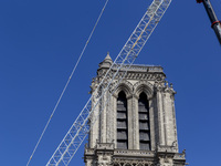 An exterior view of Notre Dame and construction cranes while the reconstruction process takes place in Paris, France, on September 15, 2024....