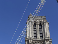 An exterior view of Notre Dame and construction cranes while the reconstruction process takes place in Paris, France, on September 15, 2024....