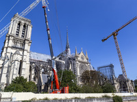 An exterior view of Notre Dame and construction cranes while the reconstruction process takes place in Paris, France, on September 15, 2024....