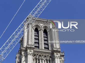 An exterior view of Notre Dame and construction cranes while the reconstruction process takes place in Paris, France, on September 15, 2024....