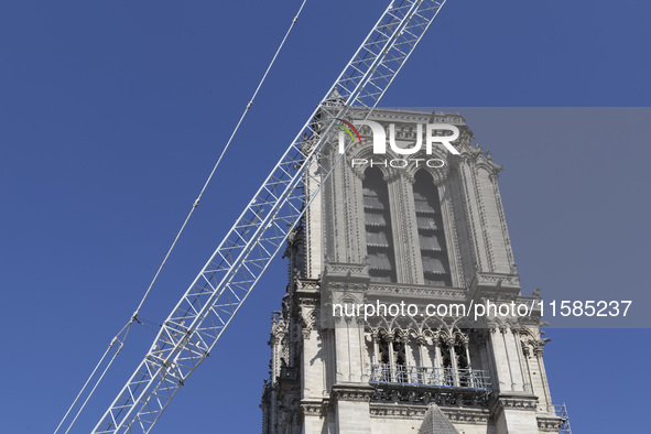 An exterior view of Notre Dame and construction cranes while the reconstruction process takes place in Paris, France, on September 15, 2024....