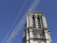 An exterior view of Notre Dame and construction cranes while the reconstruction process takes place in Paris, France, on September 15, 2024....