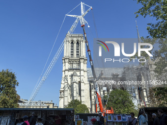 An exterior view of Notre Dame and construction cranes while the reconstruction process takes place in Paris, France, on September 15, 2024....