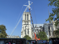 An exterior view of Notre Dame and construction cranes while the reconstruction process takes place in Paris, France, on September 15, 2024....