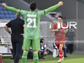 Amirhossein Hosseinzadeh of Tractor SC celebrates after scoring a goal during the AFC Champions League football match between Qatar's Al Wak...