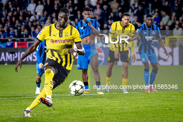 Borussia Dortmund forward Sehrou Guirassy scores the 0-3 during the match Club Brugge vs. Borussia Dortmund at the Jan Breydelstadion for th...