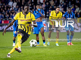 Borussia Dortmund forward Sehrou Guirassy scores the 0-3 during the match Club Brugge vs. Borussia Dortmund at the Jan Breydelstadion for th...