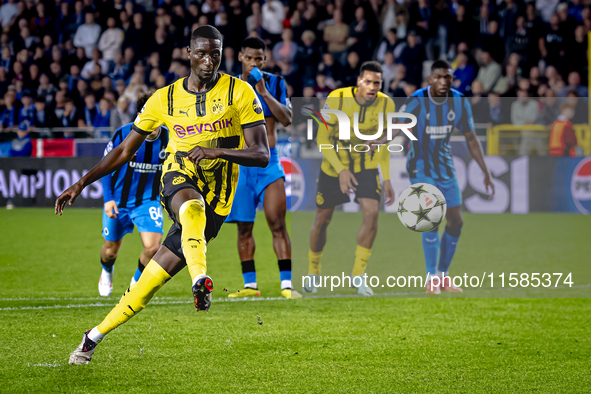 Borussia Dortmund forward Sehrou Guirassy scores the 0-3 during the match Club Brugge vs. Borussia Dortmund at the Jan Breydelstadion for th...