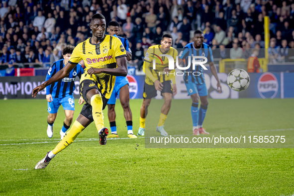 Borussia Dortmund forward Sehrou Guirassy scores the 0-3 during the match Club Brugge vs. Borussia Dortmund at the Jan Breydelstadion for th...