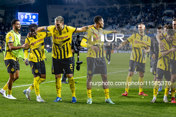 Players of Borussia Dortmund celebrate the victory after the game during the match Club Brugge - Borussia Dortmund at the Jan Breydelstadion...